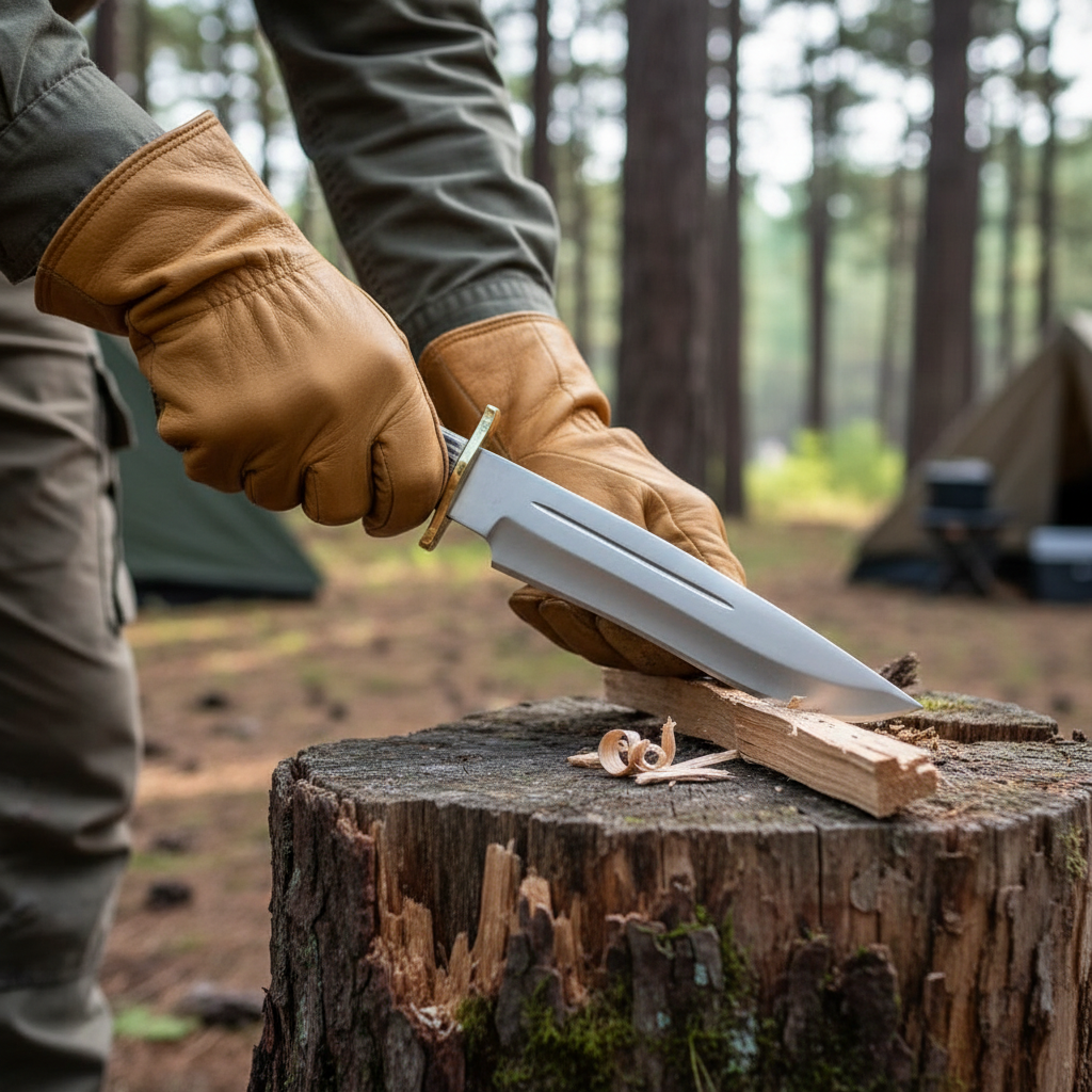 Hands-only customer action using a handmade D2 Bowie knife on a forest camp stump