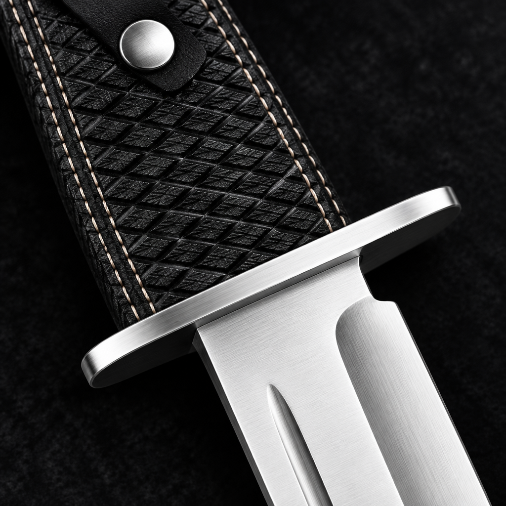 Extreme close-up of black checkered Micarta handle with steel crossguard on deep black charcoal background