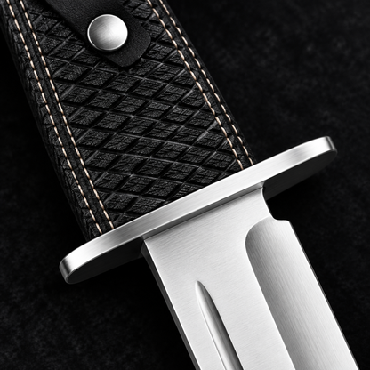 Extreme close-up of black checkered Micarta handle with steel crossguard on deep black charcoal background