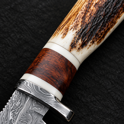 Extreme close-up of natural stag horn and wood skinner knife handle with white spacers and steel bolster guard on black background
