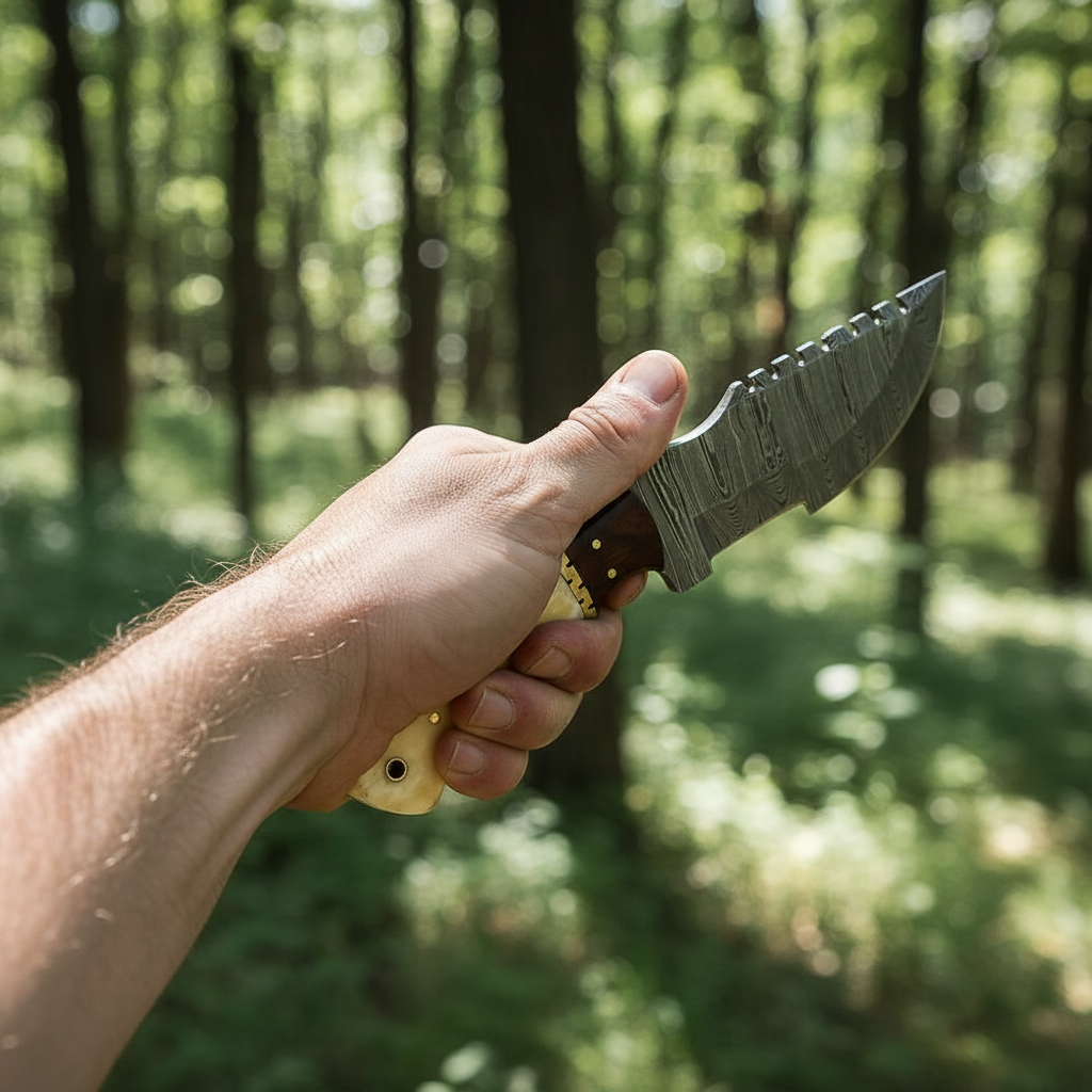 Hand gripping large Damascus camel bone rosewood tracker knife in dynamic outdoor bushcraft action pose no face