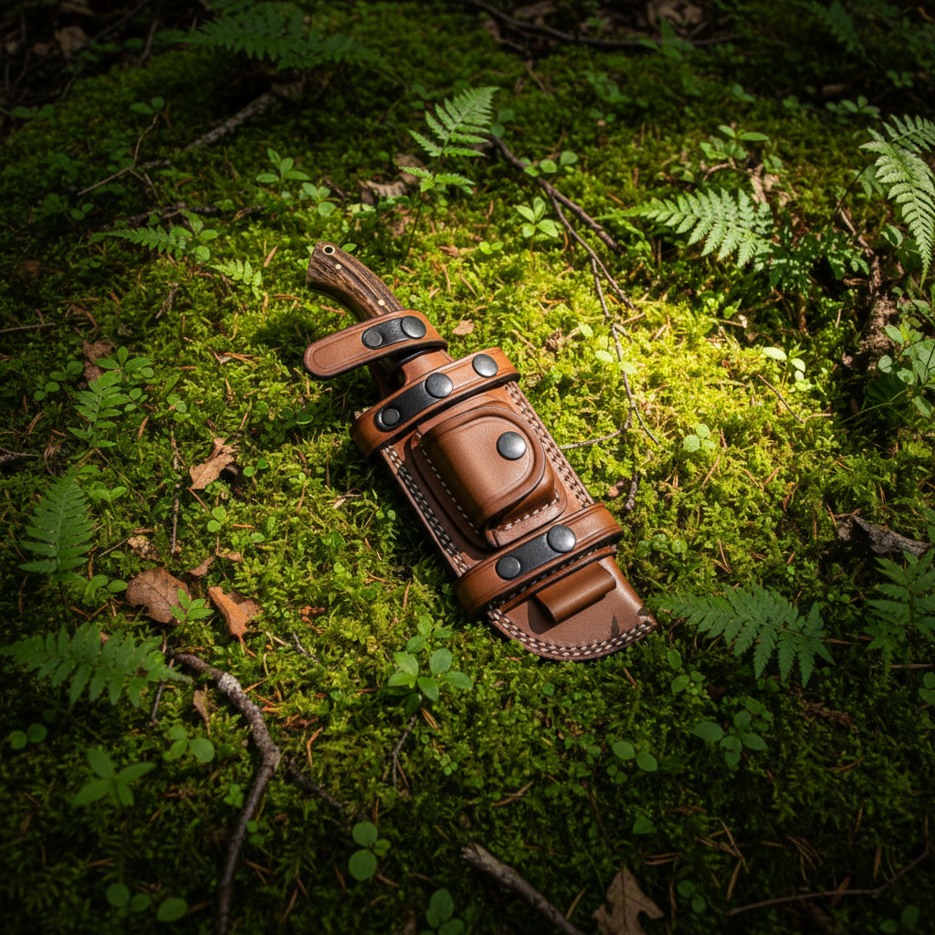 Handcrafted leather tracker knife sheath resting on thick lush green forest moss natural outdoor setting