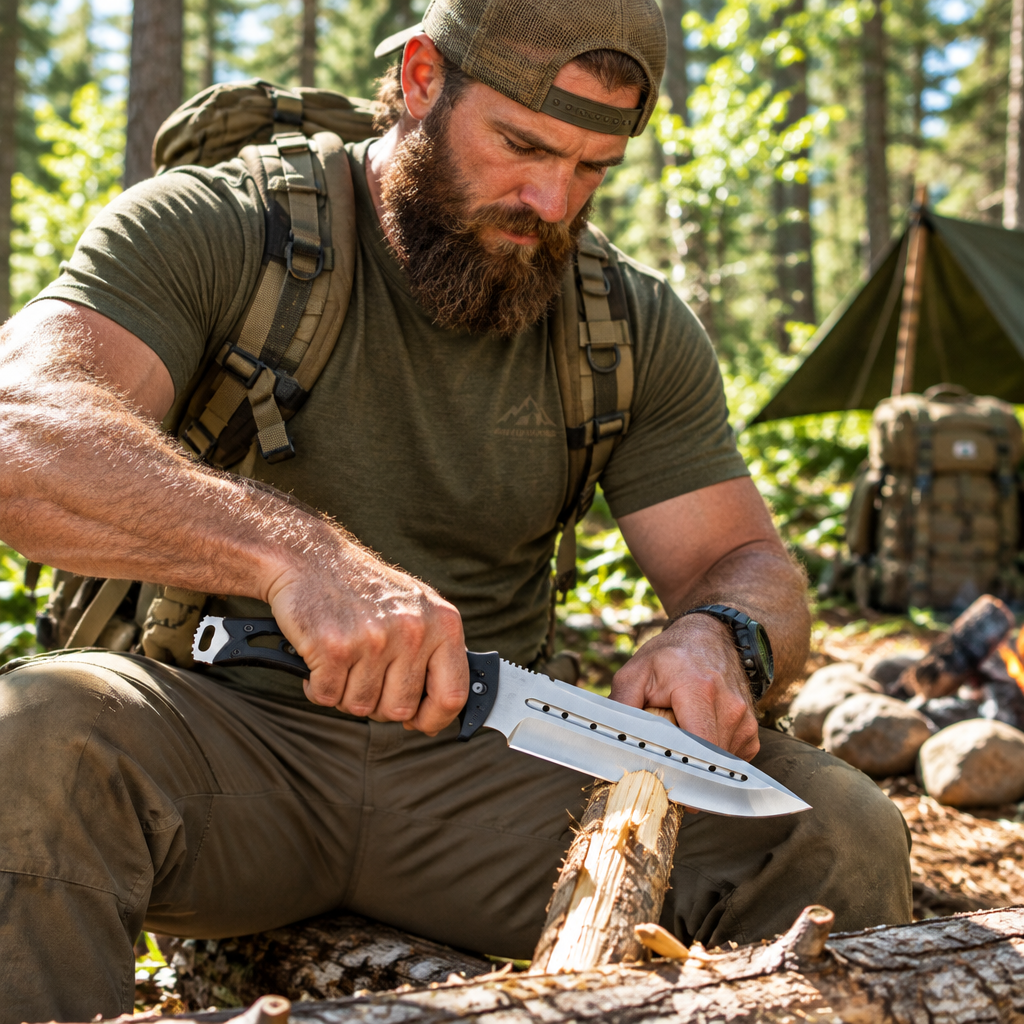 Rugged bearded outdoorsman looking down holding American bushcraft stainless steel tactical knife G10 handle at sunny forest campsite