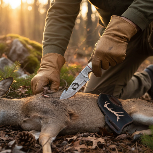 Hunter using handmade Damascus steel knife with stag horn handle for skinning game in outdoor wilderness