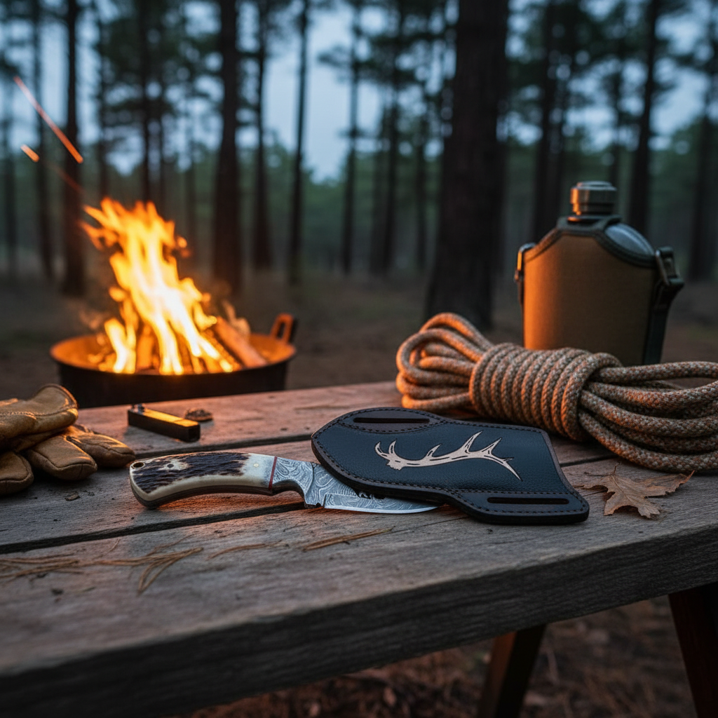 Handmade Damascus steel fixed blade knife on rustic wooden camping table beside campfire gear and canteen