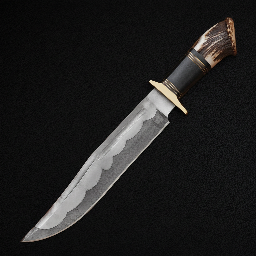 Hand forged Bowie knife elk antler handle studio shot on deep black charcoal background soft side lighting