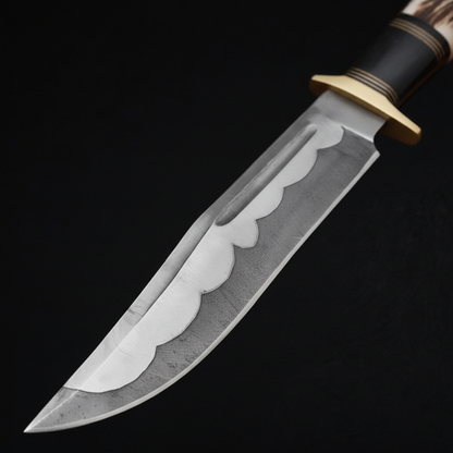 Extreme close-up of hand forged carbon steel Bowie blade scalloped spine and clip point on black charcoal background