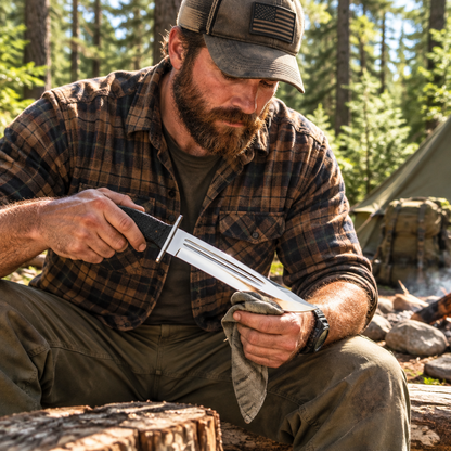 Rugged bearded outdoorsman looking down holding carbon steel Bowie knife black Micarta handle at sunny forest campsite