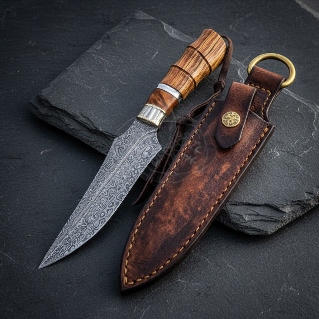 Custom handmade Damascus steel dagger knife with wood handle and leather sheath on charcoal slate