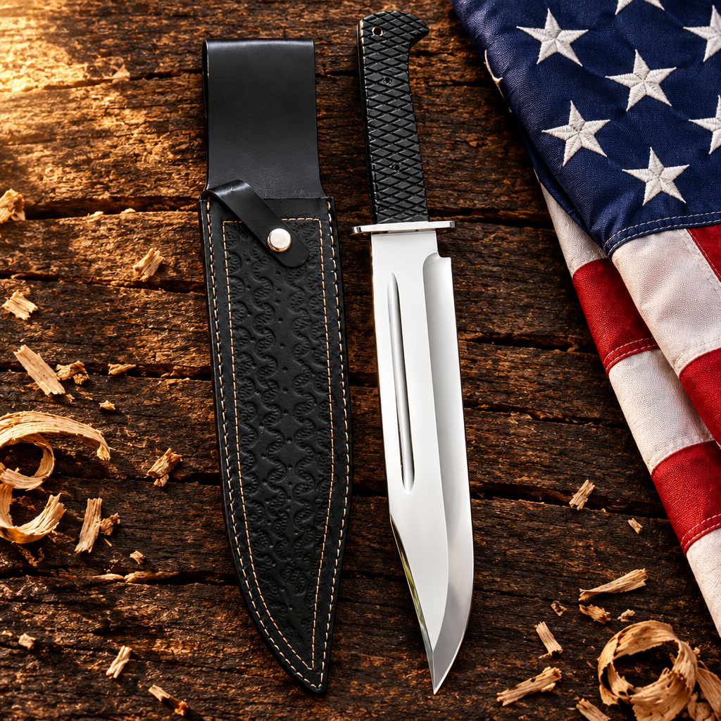Handmade carbon steel Bowie knife double fuller mirror polish black Micarta handle hero flat lay on rustic dark wood with American USA flag