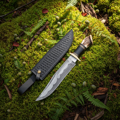 Hand forged Bowie knife and basketweave leather sheath resting on thick green forest moss natural outdoor setting