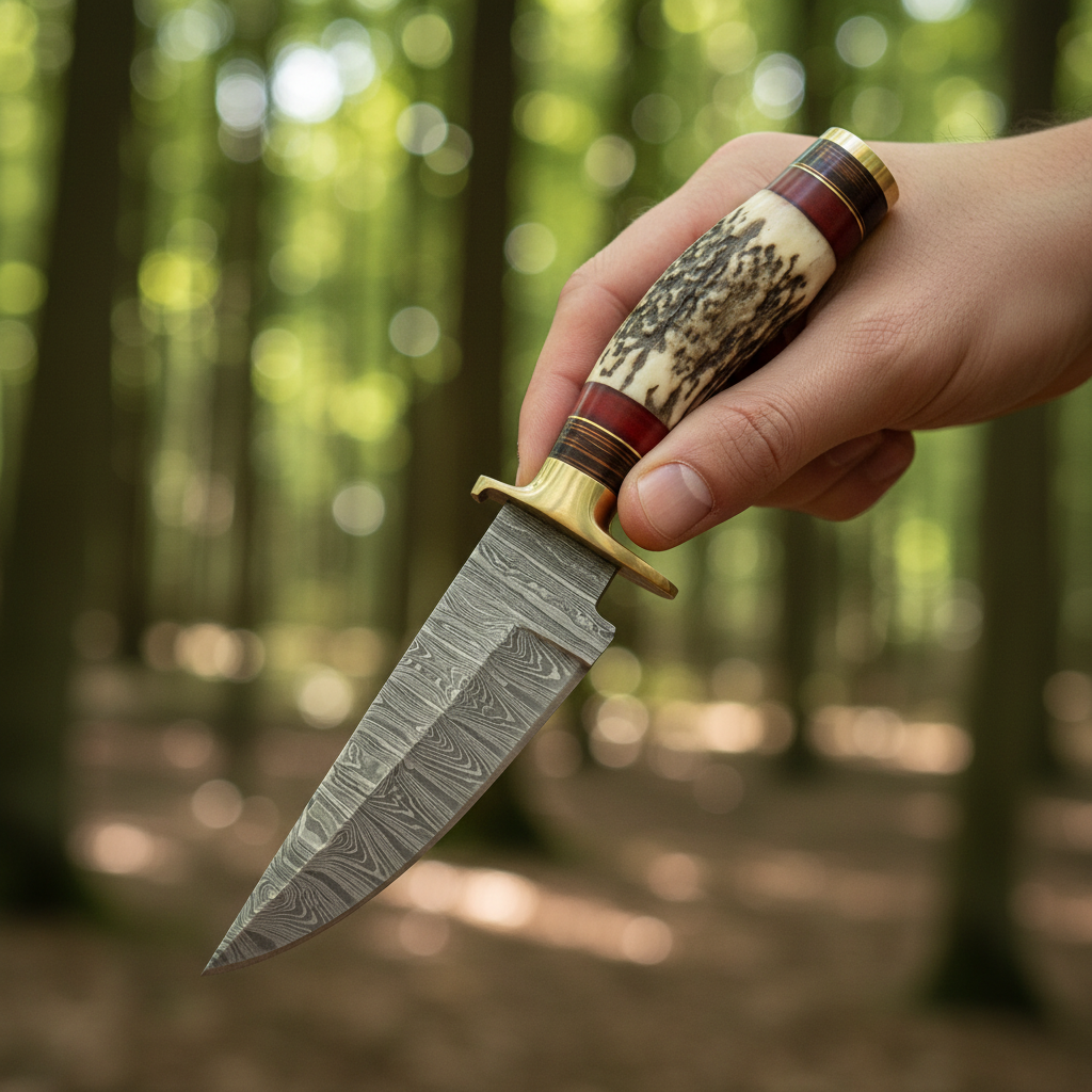 Hand holding the Damascus hunting fixed blade knife with stag horn handle against forest bokeh