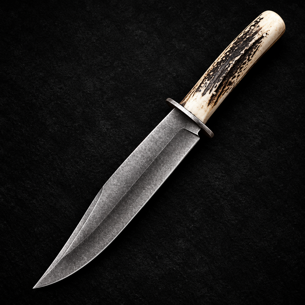Carbon steel hunting survival knife pale stag antler handle steel crossguard studio shot deep black charcoal background