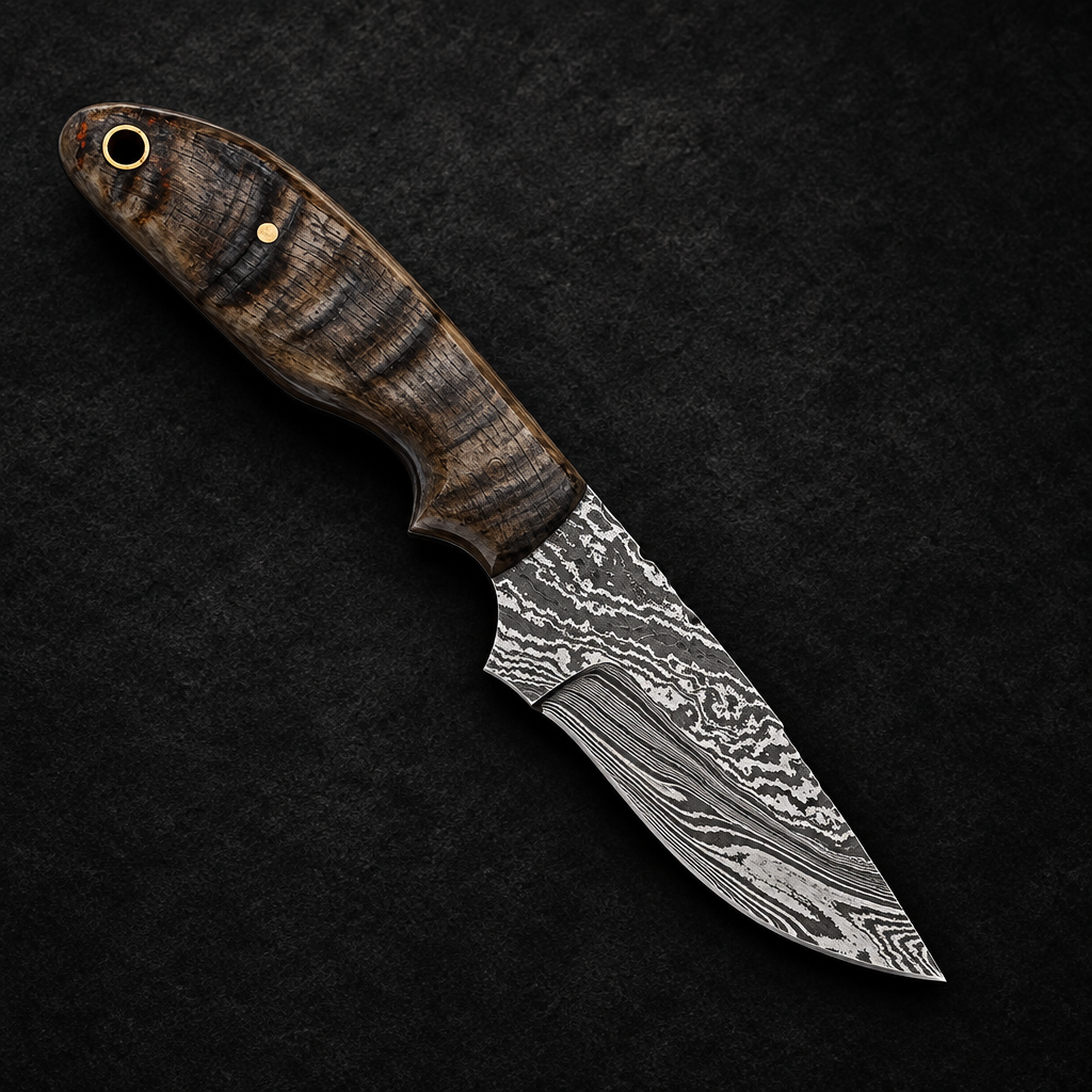 Handmade Damascus skinner knife wild pattern blade ram horn handle studio shot deep black charcoal background