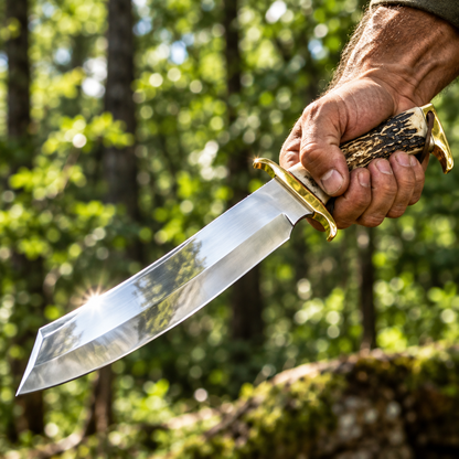Rugged hand gripping massive custom handmade hunting Bowie knife stag horn handle carbon steel blade catching sunlight forest bokeh background
