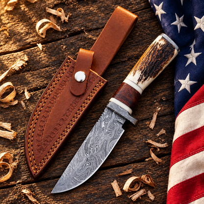 Handmade Damascus steel skinner knife stag horn handle hero flat lay on rustic dark wood with American USA flag