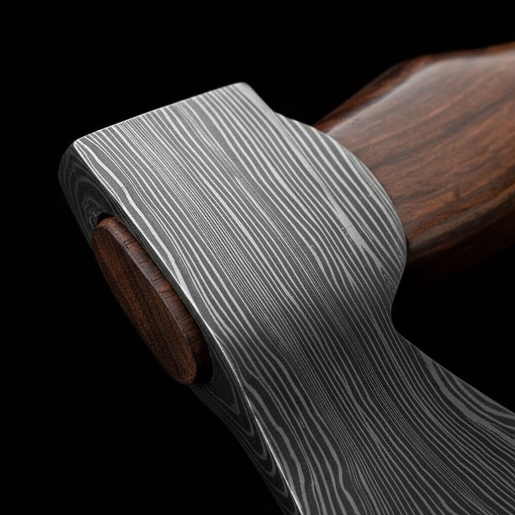 Extreme close up of Damascus steel axe head showing intricate layered pattern
