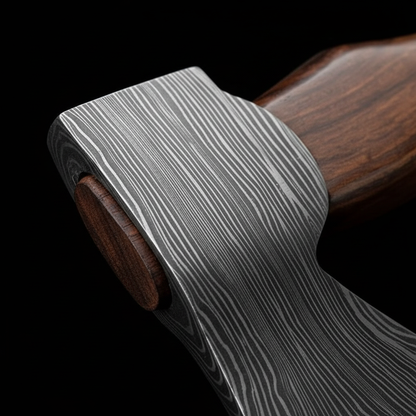 Extreme close up of Damascus steel axe head showing intricate layered pattern