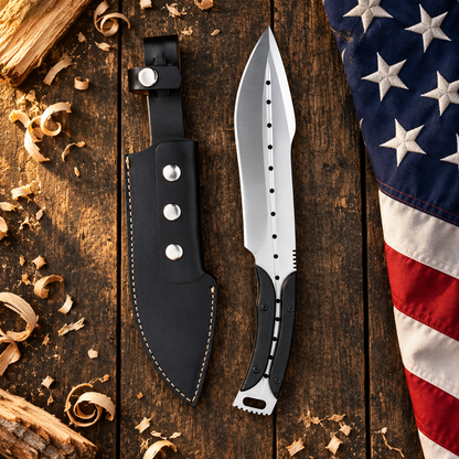 American bushcraft stainless steel full tang knife G10 handle hero flat lay on rustic dark wood with American USA flag