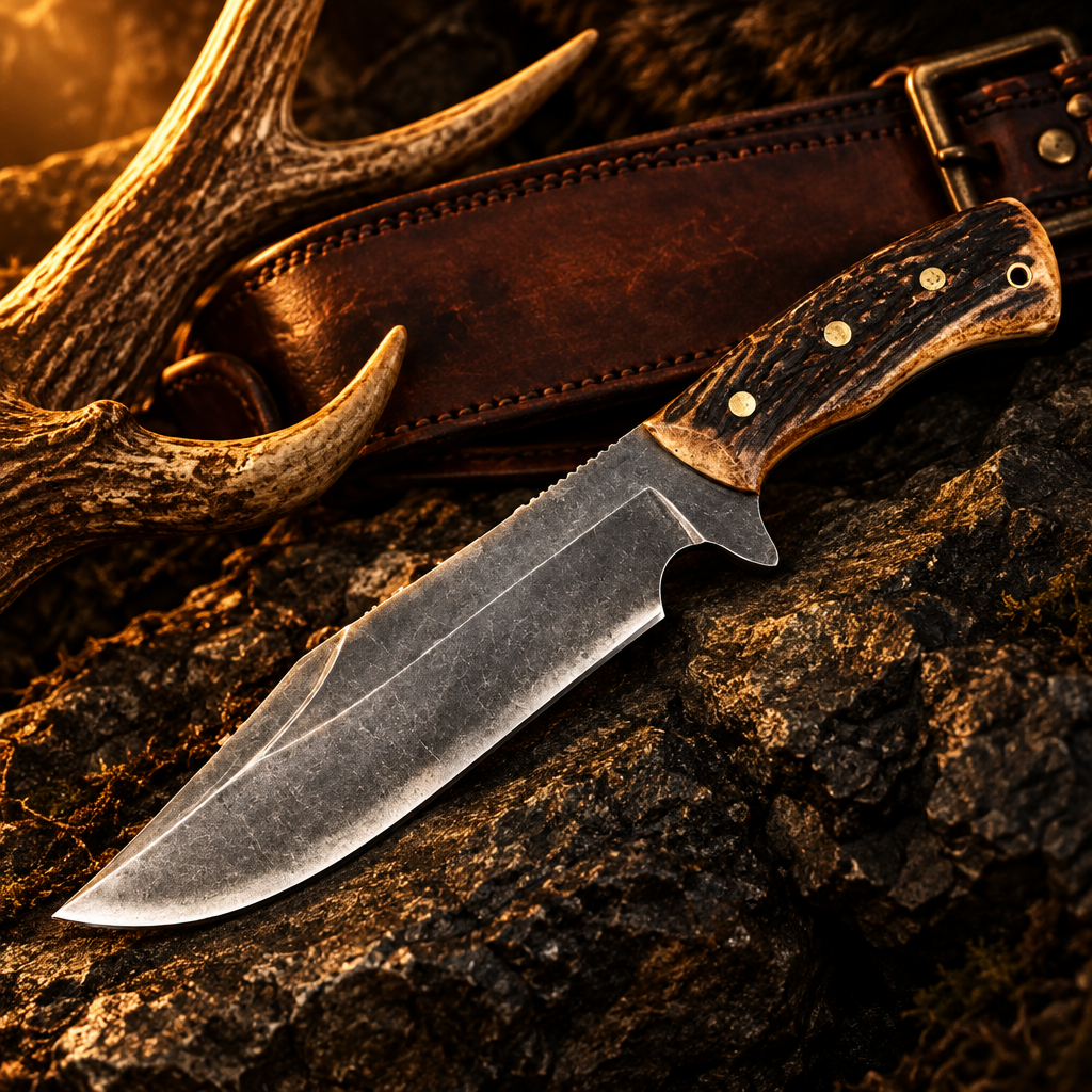 Carbon steel boar Bowie hunting knife luxury cinematic editorial with antler tines and hunting belt on dark stone surface