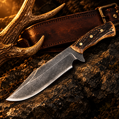 Carbon steel boar Bowie hunting knife luxury cinematic editorial with antler tines and hunting belt on dark stone surface