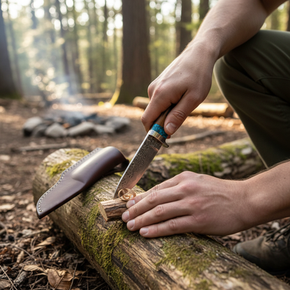 Hands holding a Damascus hunting knife during a forest campsite task with no face or flag visible