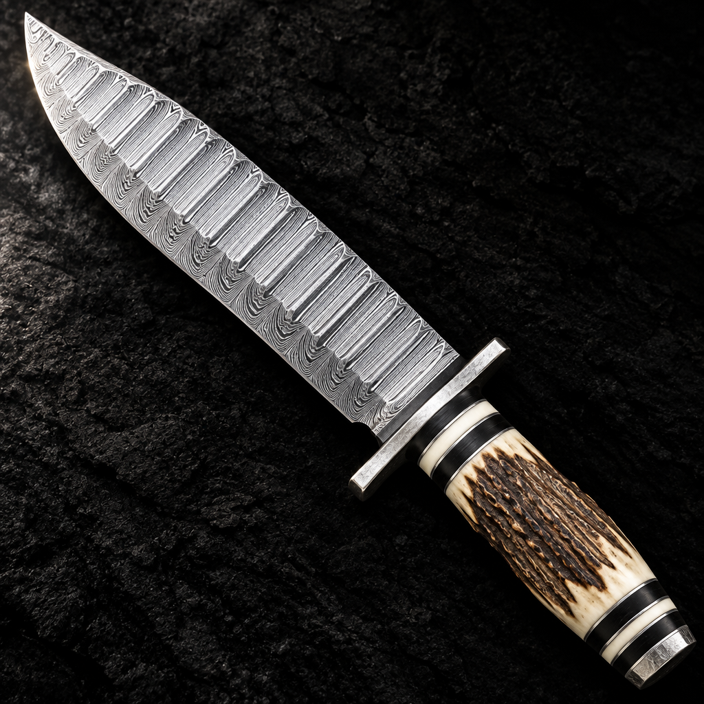 Extreme close-up Damascus Bowie knife ladder wave blade dominant stag handle with spacer rings visible deep black background