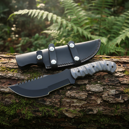 J2 steel tracker hunting knife with black leather sheath resting on a mossy woodland log