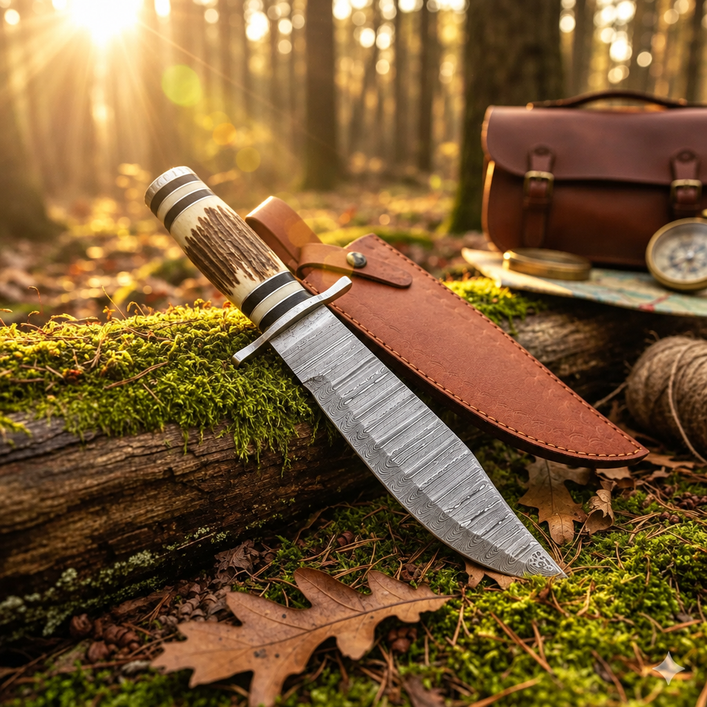 Handmade Damascus Bowie knife stag handle and tan cowhide leather sheath on mossy log forest floor oak leaves compass leather satchel