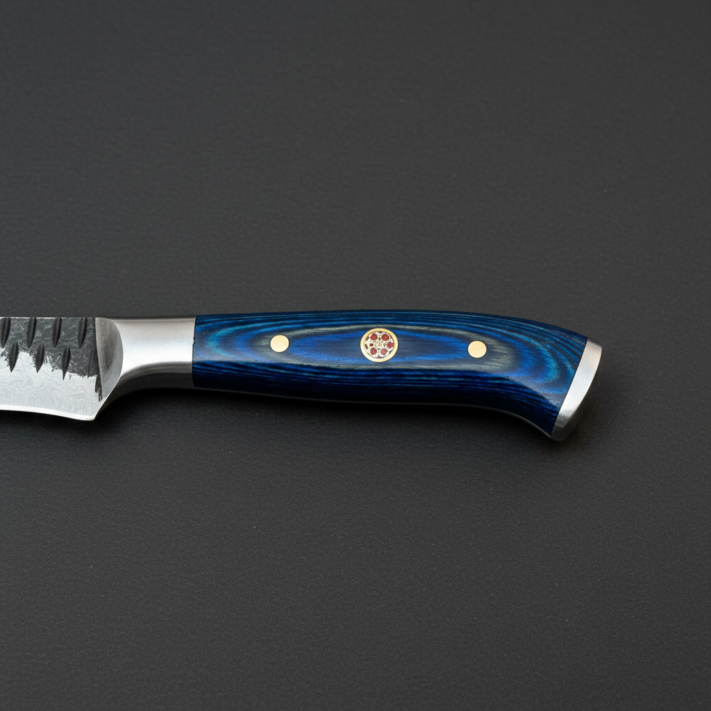Close view of the blue stained pakkawood handle with brass pins, brass mosaic pin, and stainless steel end cap on black charcoal