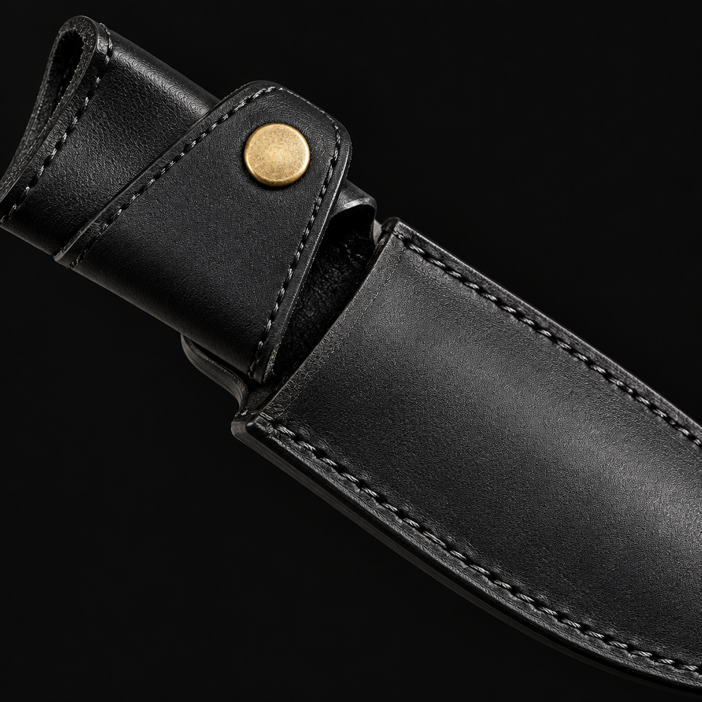 Extreme close-up of black genuine leather belt knife sheath with brass snap closure on pure black background