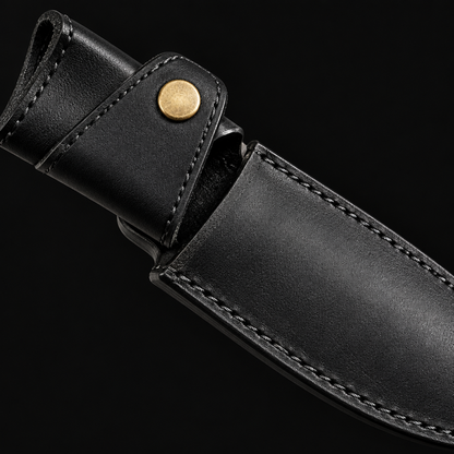 Extreme close-up of black genuine leather belt knife sheath with brass snap closure on pure black background