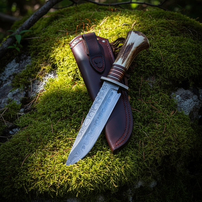 Damascus Bowie hunting knife with stag antler handle and dark brown leather sheath on green forest moss