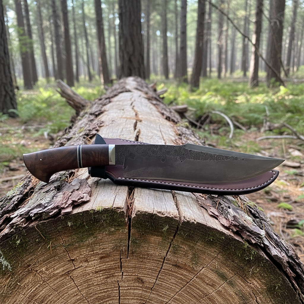 Left side view of handmade carbon steel Bowie knife with walnut handle resting on weathered pine log outdoors
