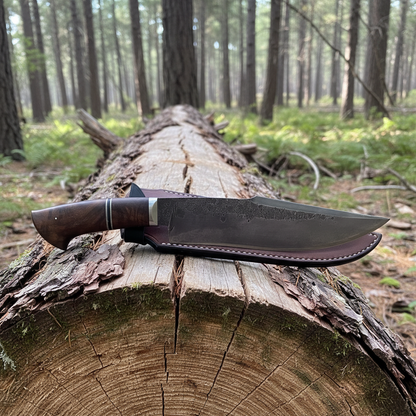 Left side view of handmade carbon steel Bowie knife with walnut handle resting on weathered pine log outdoors