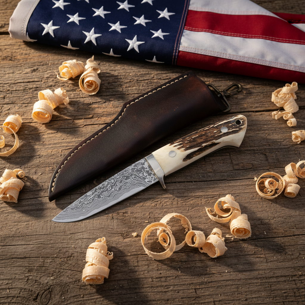 Damascus stag horn hunting knife on rustic wood surface with American flag background warm natural light