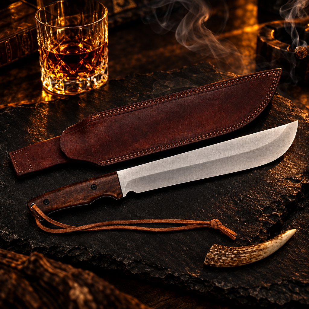 D2 steel machete Bowie knife walnut handle dark luxury cinematic editorial shot with whiskey glass and smoke