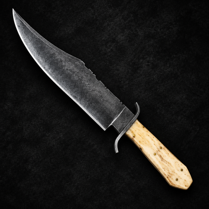Carbon steel Juan Padilla Bowie knife camel bone handle brass pins studio shot deep black charcoal background