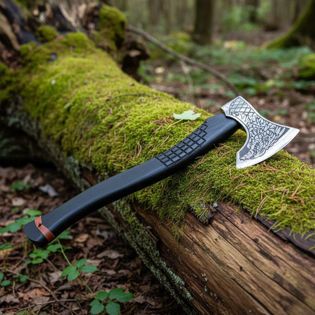 Handmade Viking warrior axe on mossy forest log, blade pointing right