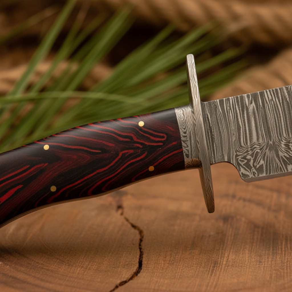 Close-up of the black Micarta and reddish-brown Pakkawood two-tone tracker knife handle