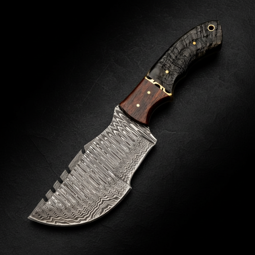 Damascus heavy duty tracker knife with ram horn walnut handle on deep black charcoal background studio shot