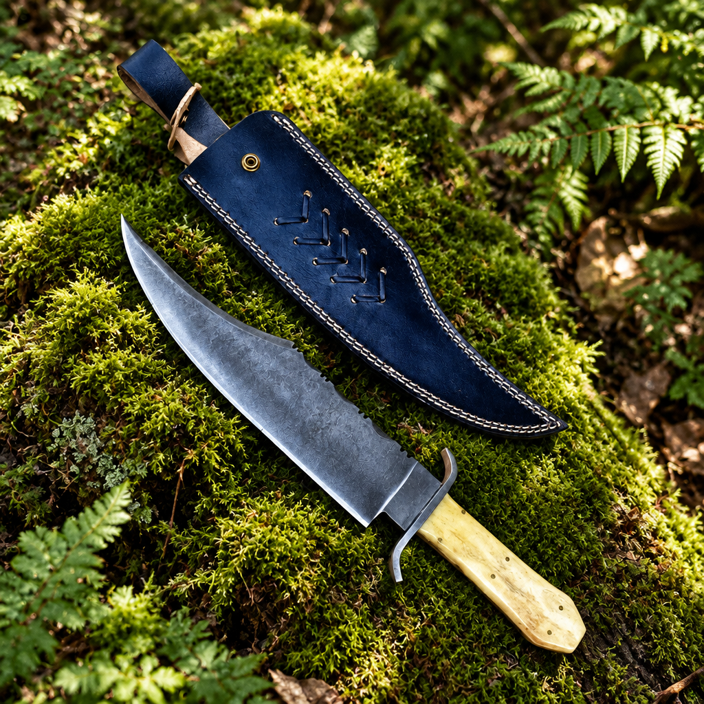 Carbon steel Juan Padilla Bowie knife and black leather sheath resting on thick green forest moss natural outdoor setting