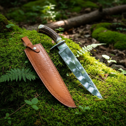 Carbon steel Bowie knife and plain tan leather sheath resting on thick green forest moss natural outdoor setting