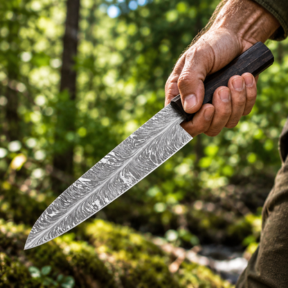 Rugged hand gripping handmade feather pattern Damascus chef knife wenge octagonal handle dynamic outdoor grip pose forest bokeh background