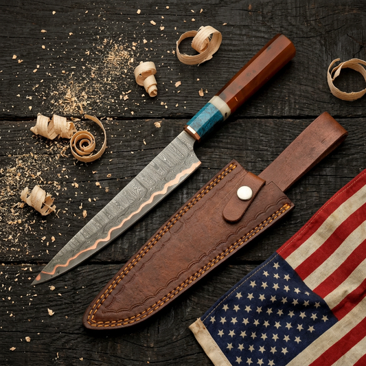 Copper Damascus chef knife and cowhide sheath on rustic wood with shavings and USA flag