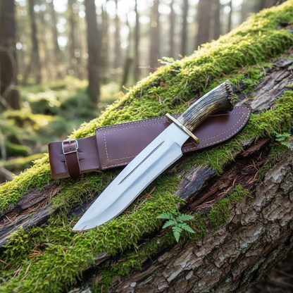 Handmade D2 Bowie knife and genuine leather sheath on a mossy wooden forest log
