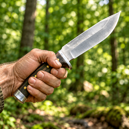 Rugged hand gripping carbon steel survival Bowie knife dark wood handle brass pins steel bolster dynamic outdoor grip pose forest bokeh
