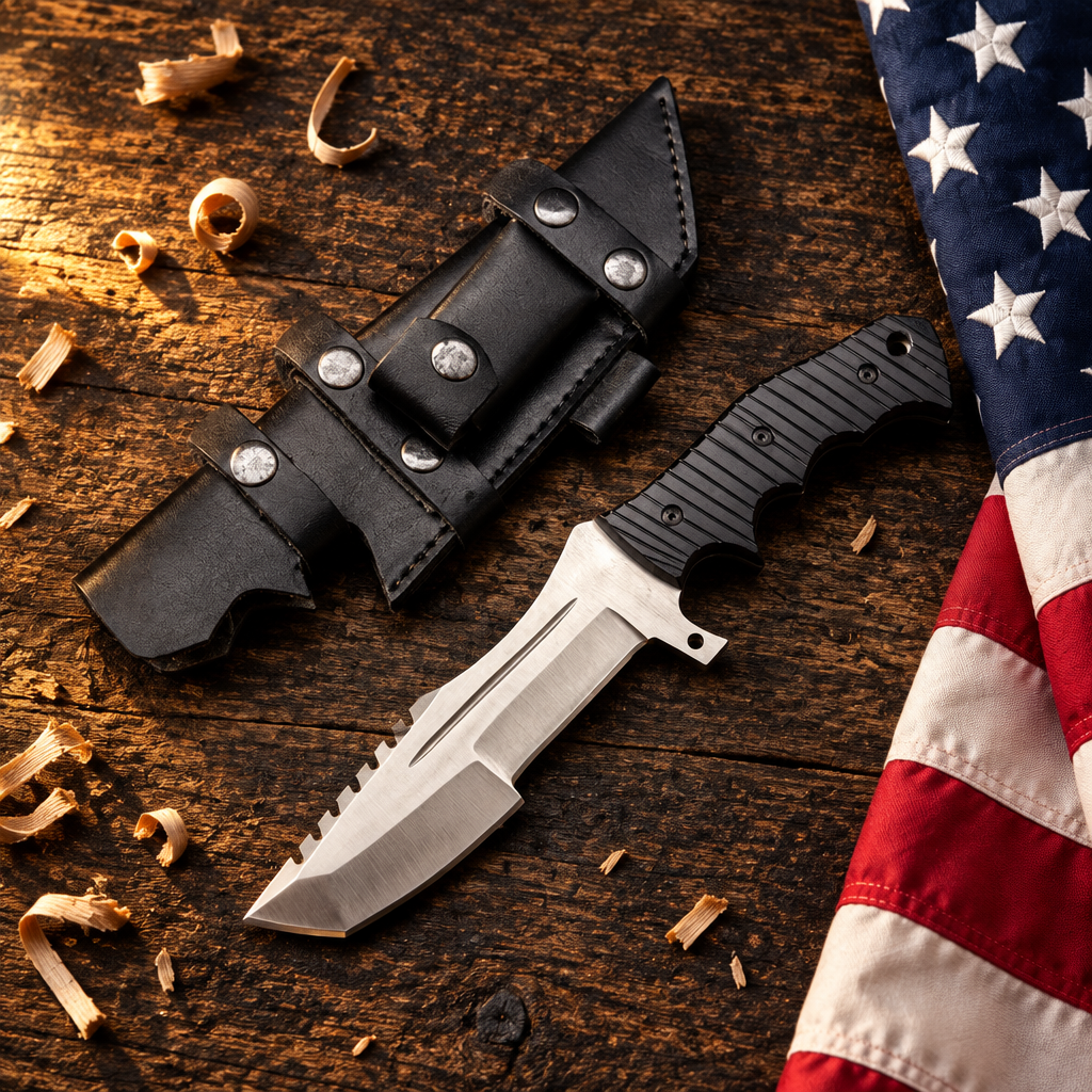 Carbon steel tracker survival knife black Micarta handle hero flat lay on rustic dark wood with American USA flag