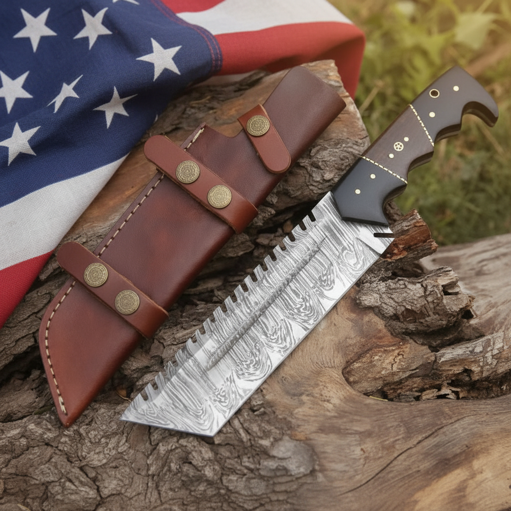 Damascus sawback tanto hunting knife with black Micarta hardwood handle and brown leather sheath on rustic wood with an American flag