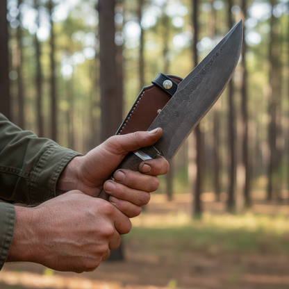 Close-up of rugged hands holding handmade carbon steel Bowie knife with walnut handle in American pine forest